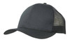 A black breathable poly twill cap with a mesh back and a curved peak. It features a logo on the front.
