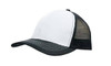 A black and white cap featuring a breathable poly twill front and a mesh back, with a curved brim and stitching details.