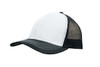 A white and black breathable poly twill cap with a mesh back, featuring a curved brim and a logo.