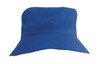 A blue breathable poly twill bucket hat with a wide brim and a logo. Ideal for infants.