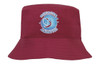 A maroon children's bucket hat with a logo on the front, featuring a dolphin design.