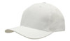 A white cap with a structured design and a curved brim. It features a logo on the front.