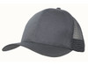 A grey cap featuring a breathable poly twill front and a mesh back, with a curved brim and a logo.
