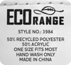 A label detailing the "Eco Range" beanie's materials, size, care instructions, and origin, featuring a logo.