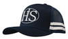 A navy trucker cap featuring mesh panels, stripes, and a logo on the front.