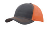 A grey cap with an orange mesh back and stitched details, featuring a logo on the front.