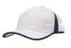 A white cap with navy trim and inserts, featuring a curved peak and a logo on the front.