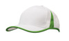 A white cap with green trim along the brim and inserts, featuring a logo on the side.
