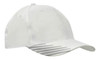 A white cap with a breathable poly twill design and peak flash print, featuring a logo on the side.