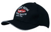 A black cap with sandwich trim featuring a logo and embroidered graphics of a red car.