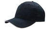 A navy cap with a breathable poly twill material and sandwich trim, featuring a logo.