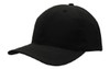 A black breathable poly twill cap with a curved peak and a simple design. Features a logo on the side.