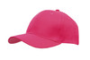 A pink breathable poly twill cap featuring a structured design and a logo on the front.