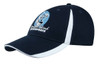A navy cap with white accents and a logo on the front, featuring inserts on the peak and crown.