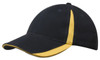 A black cap with yellow inserts on the peak and crown, featuring a logo.