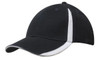 A black cap with white inserts on the peak and crown, featuring a logo.