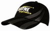 A black cap featuring tyre track designs and a logo on the front, made from heavy cotton material.