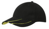 A black cap with hi-vis laminated yellow accents on the peak, featuring a logo.