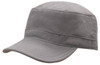 A grey military cap with a structured top and brim, featuring a logo on the side.