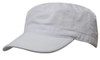 A white military cap featuring a flat brim and a logo. Suitable for sports and casual wear.