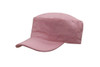 A pink military-style cap featuring a flat crown and a curved brim, with a logo on the side.