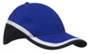 A tri-coloured cap featuring blue, black, and white panels with a curved brim and a logo present.