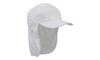 A white Poly Cotton Legionnaire cap featuring a wide brim and neck flap for protection. It has a logo on it.