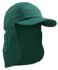 A green Poly Cotton Legionnaire Cap featuring a wide brim and a back flap for sun protection, with a branding logo.