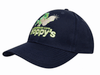 A navy cap featuring a logo and design with playful graphics.