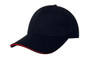 A black cap with a red sandwich trim and a logo on the front. Suitable for various outdoor activities.