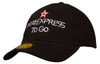 A black cap featuring a logo and embroidered text. The cap has a curved brim and a structured design.