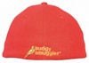 A red cap featuring a logo, made from brushed heavy cotton and spandex with Dream Fit styling.