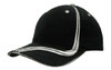 A black cap featuring brushed heavy cotton with white waving stripes on the crown and peak. Includes a logo.