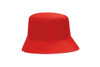 A red breathable poly twill bucket hat with a wide brim and a logo on the side.