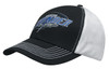 A black and white cap with a mesh back and embroidered logo on the front.