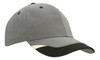 A grey cap with black peak inserts and printed trim, featuring a logo on the front.