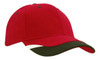 A red cap featuring green peak inserts and printed trim, complete with a logo.