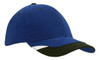 A blue cap with a black peak and white trim, featuring a logo on the front.