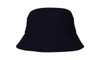 A navy blue brushed sports twill child's bucket hat with a wide brim and a simple design. Features a logo.