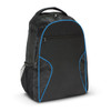 A black laptop backpack with blue accents and a mesh side pocket, featuring a front zippered compartment and a logo.