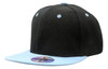 A black cap with a light blue brim, featuring a logo and a structured snapback design.