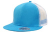 A blue cap with a mesh back and a flat brim, featuring a logo on the underside of the brim.