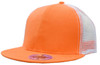 An orange cap with a mesh back and a flat brim, featuring a logo on the front.