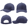 A navy blue cap with a snapback closure, featuring front, side, and back views and a logo on one side.