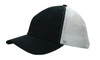 A black cap with a soft mesh white back and a curved brim, featuring a logo on the front.