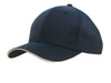 A navy blue cap with a sandwich trim and an adjustable back, featuring a logo.
