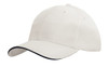 A white sports cap with sandwich trim in navy, featuring a logo on the front.