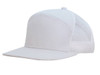 A white A-frame cap with a mesh back, featuring a solid front panel and a flat brim.