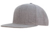 A grey flat peak cap made of premium twill fabric. Features a logo on the front.
