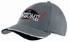 A grey cap with a logo and contrasting trim along the peak. Features an indented peak design.